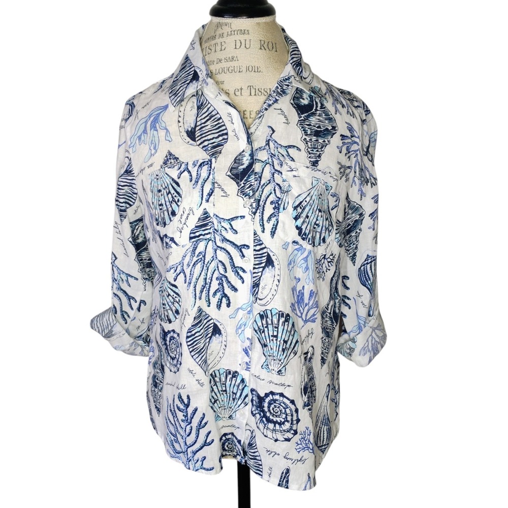 Charter Club Luxury Linen‎ Shirt Womens PM White Seashell Print Coastal Beachy